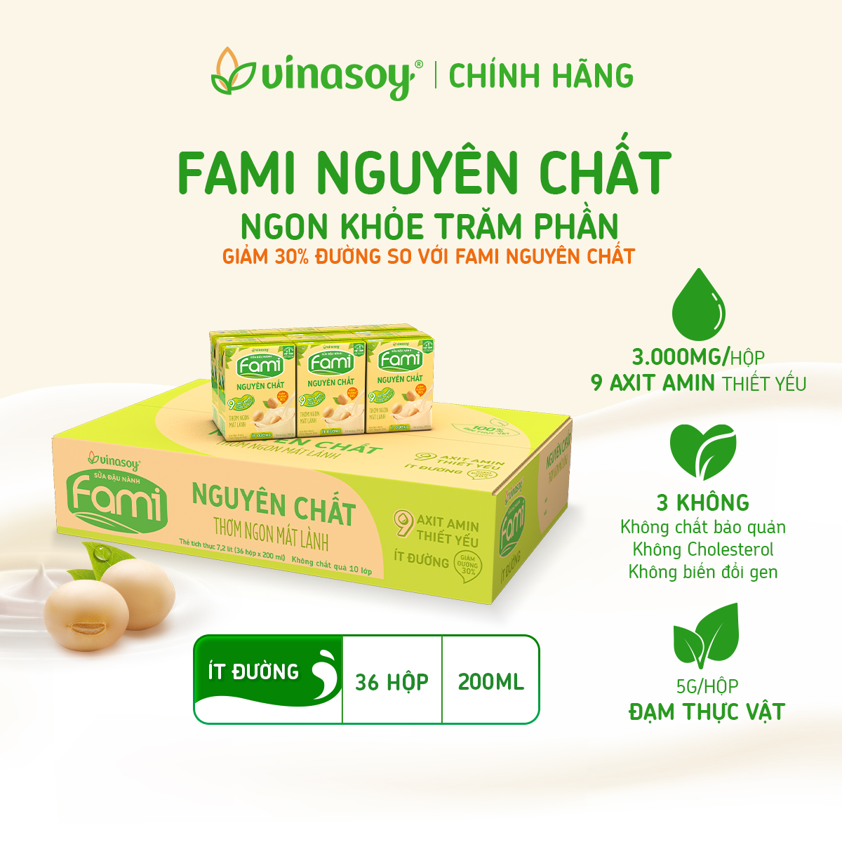 Thùng Sữa đậu nành Fami Nguyên Chất ít đường (200ml x 36 Hộp)