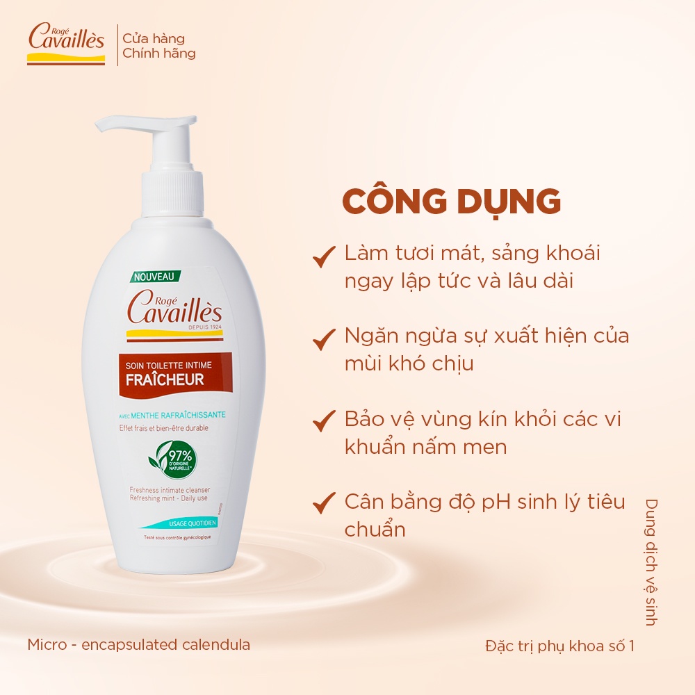 Dung dịch vệ sinh phụ nữ Khô Thoáng Mát Lạnh Roge Cavailles Fraicheur (Bạc hà) - Số 1 tại Pháp - 250ml