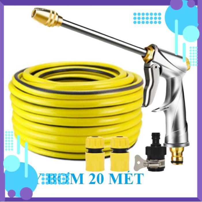 Vòi Xịt️ Bộ dây vòi xịt nước rửa xe, tưới cây , tăng áp 3 lần, loại 20m 206701-2P đầu đồng, cút, nối đen