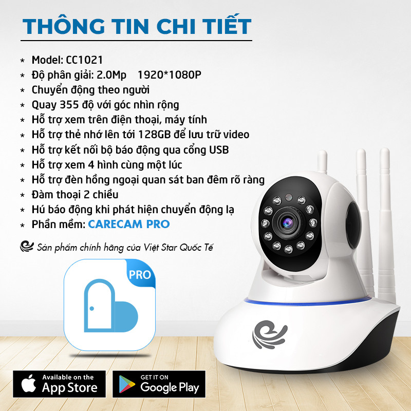 Camera Wifi 3 Râu Trong Nhà Việt Star Quốc Tế Xoay 360 Độ, Độ Phân Giải 2.0Mpx FULLHD, Dùng App CARECAM PRO - Hàng Chính Hãng