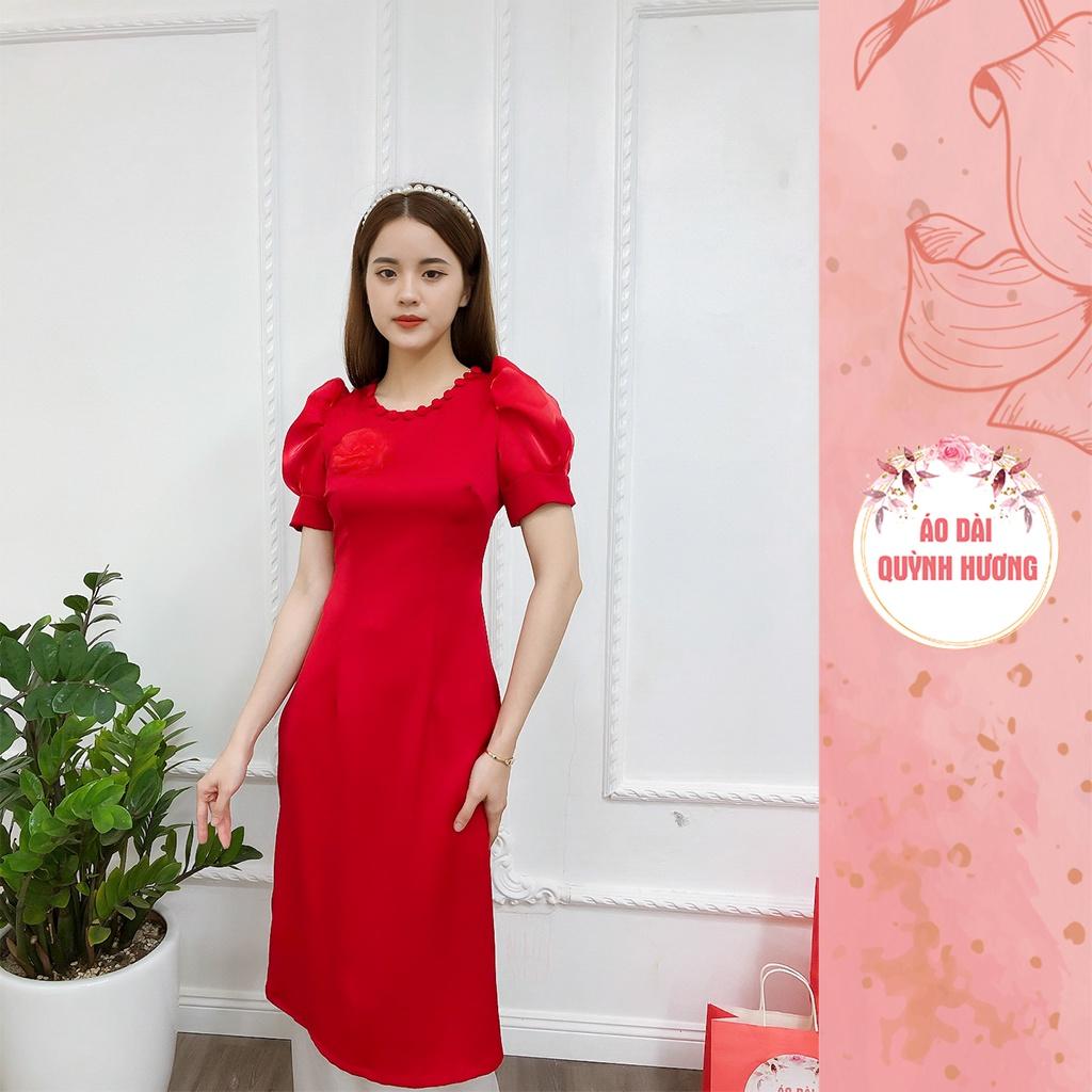 Áo dài cách tân tay bồng cổ tròn chất lụa tây thi mềm mại
