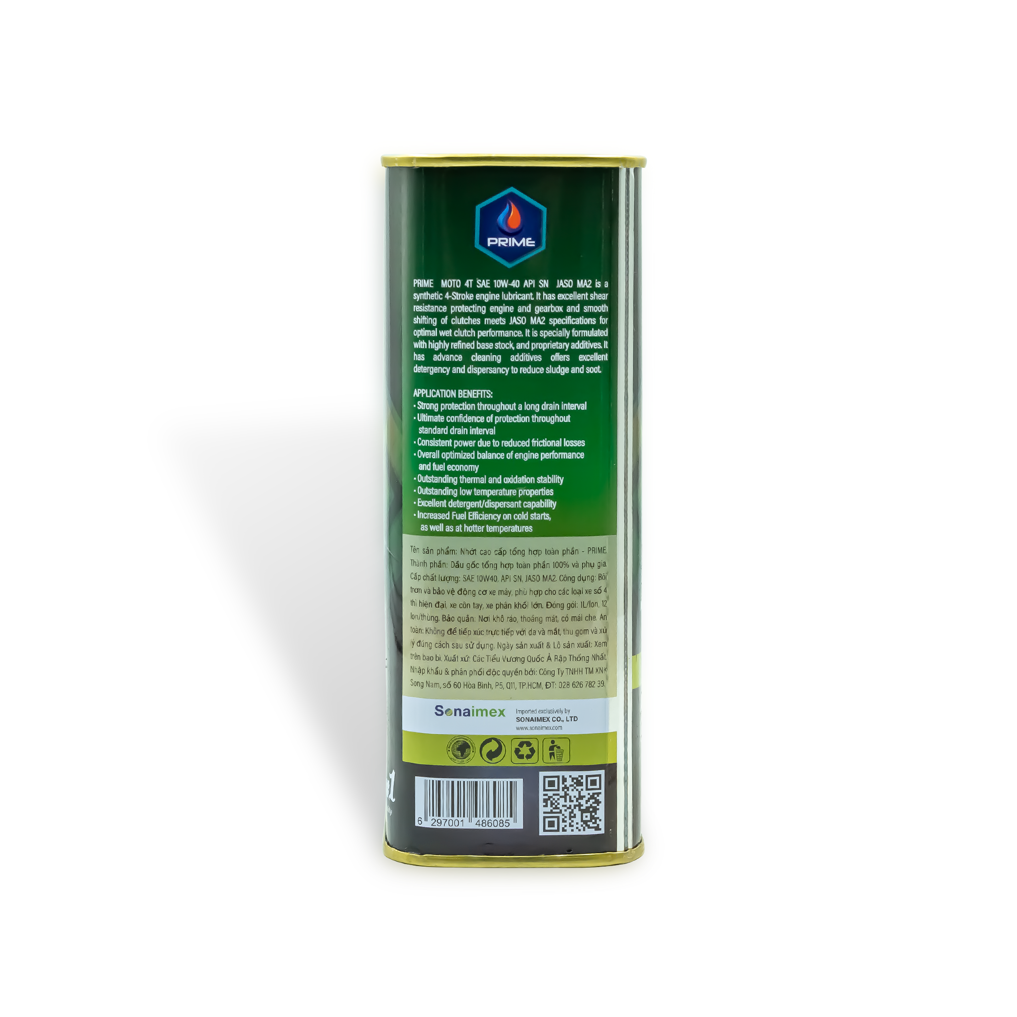 Nhớt tổng hợp toàn phần PRIME 10W40, SN, MA2, Fully Synthetic - Lon vuông 1L PRIME Lubricants Nhập Khẩu Dubai