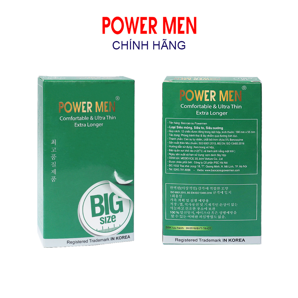 Bao cao su POWER MEN Hộp 12 bcs siêu mỏng, kéo dài thời gian, size lớn 55mm