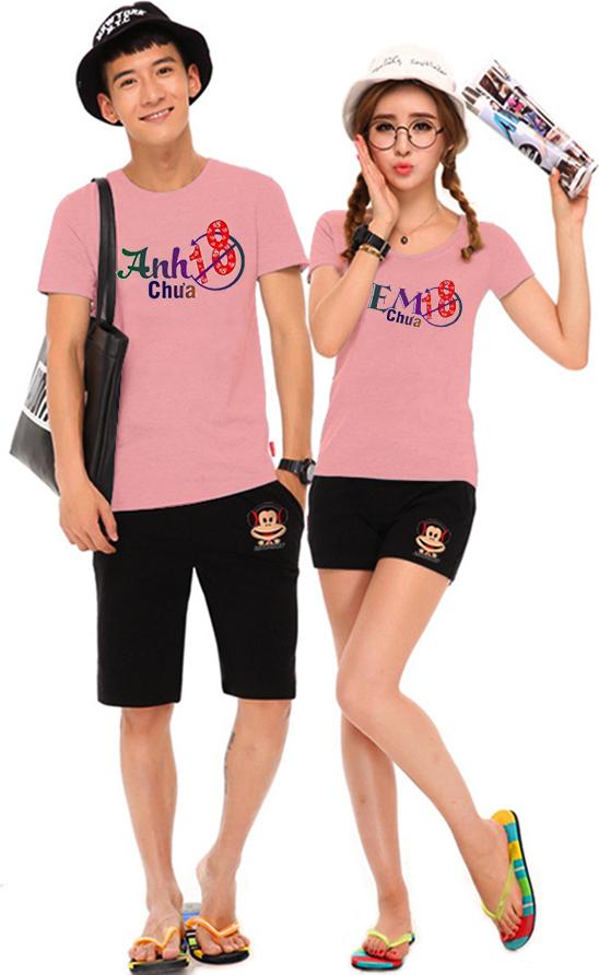 Bộ Áo Thun Đôi Nam Nữ Em Chưa 18, Anh 18 Chưa Màu Hồng Ruốc