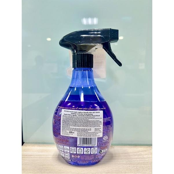 Xịt vải khử mùi &amp; Ngăn ngừa vi khuẩn trên vải Oasis Lavender &amp; Musk 400ml hương hoa thư giãn bền lâu diệt khuẩn thơm lâu