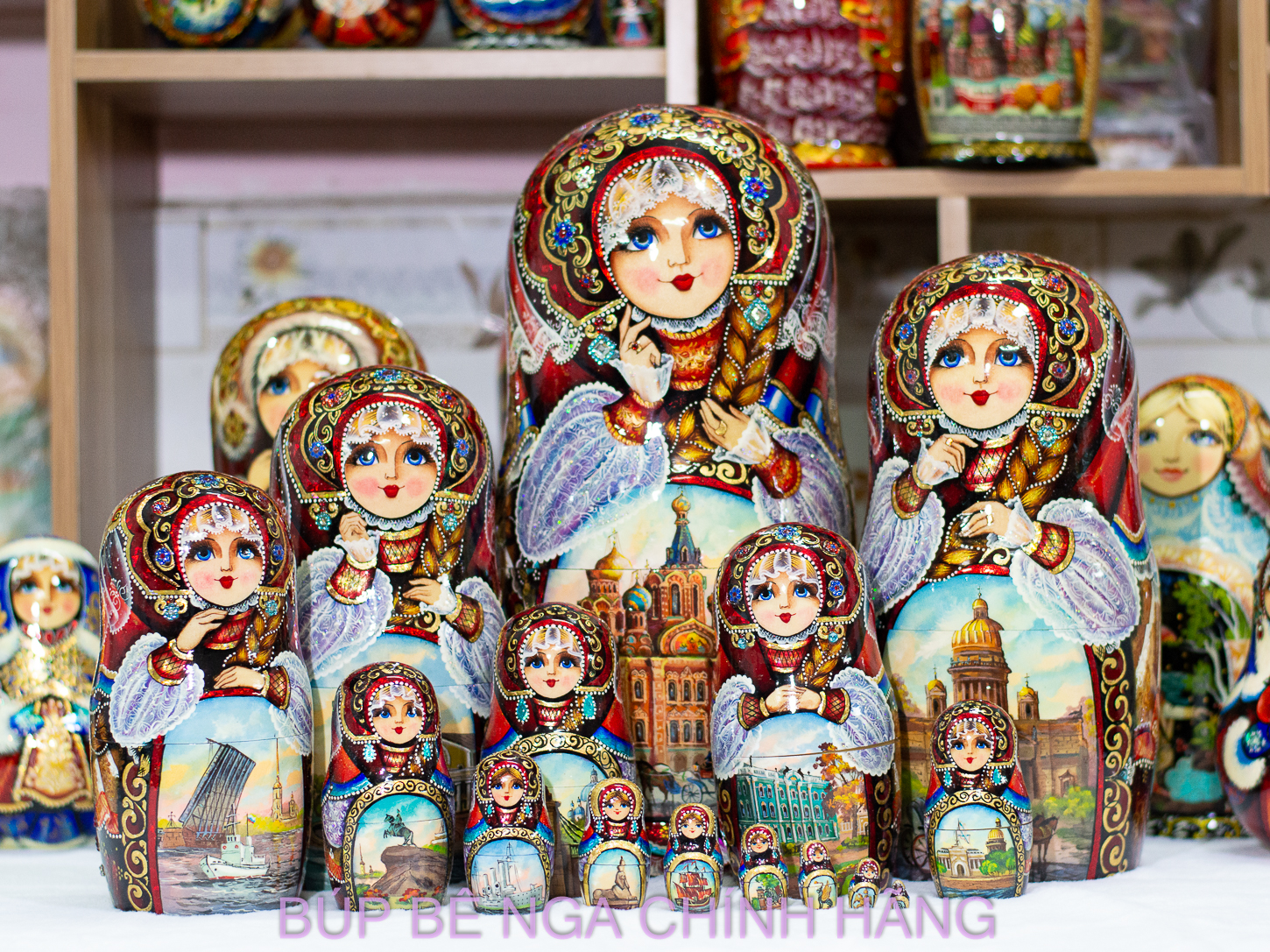 BỘ BÚP BÊ NGA MATRYOSHKA CAO CẤP CỠ LỚN 15 LỚP 35CM HOA VĂN "PHONG CẢNH SAINT PETERSBURG" CỰC ĐẸP VÀ SANG TRỌNG