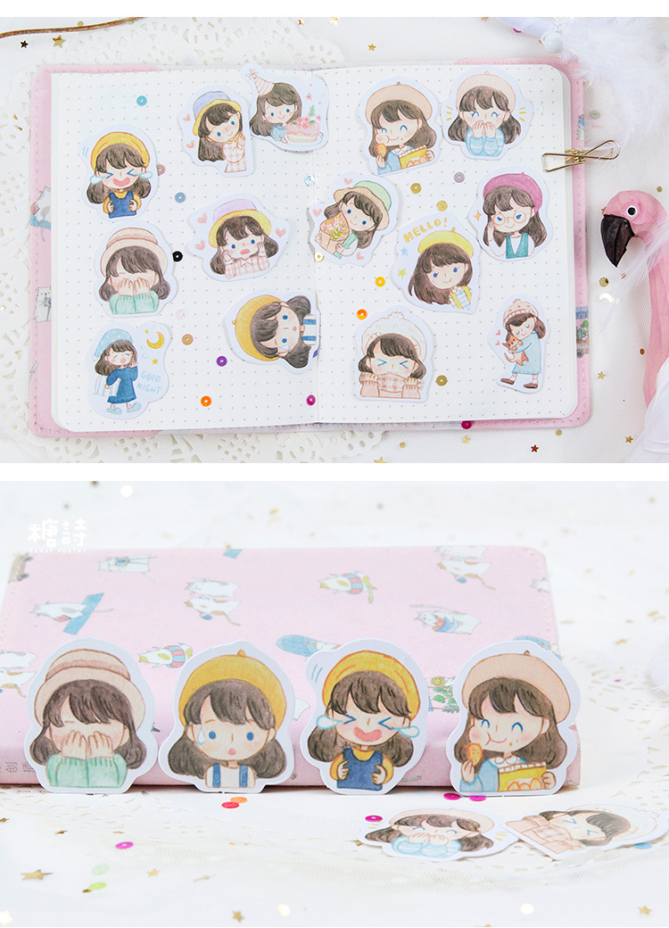 Sticker hộp 45 miếng dán - Cô Bé Mũ Hồng - Hộp nhãn dán trang trí sổ tay bullet journal - M048