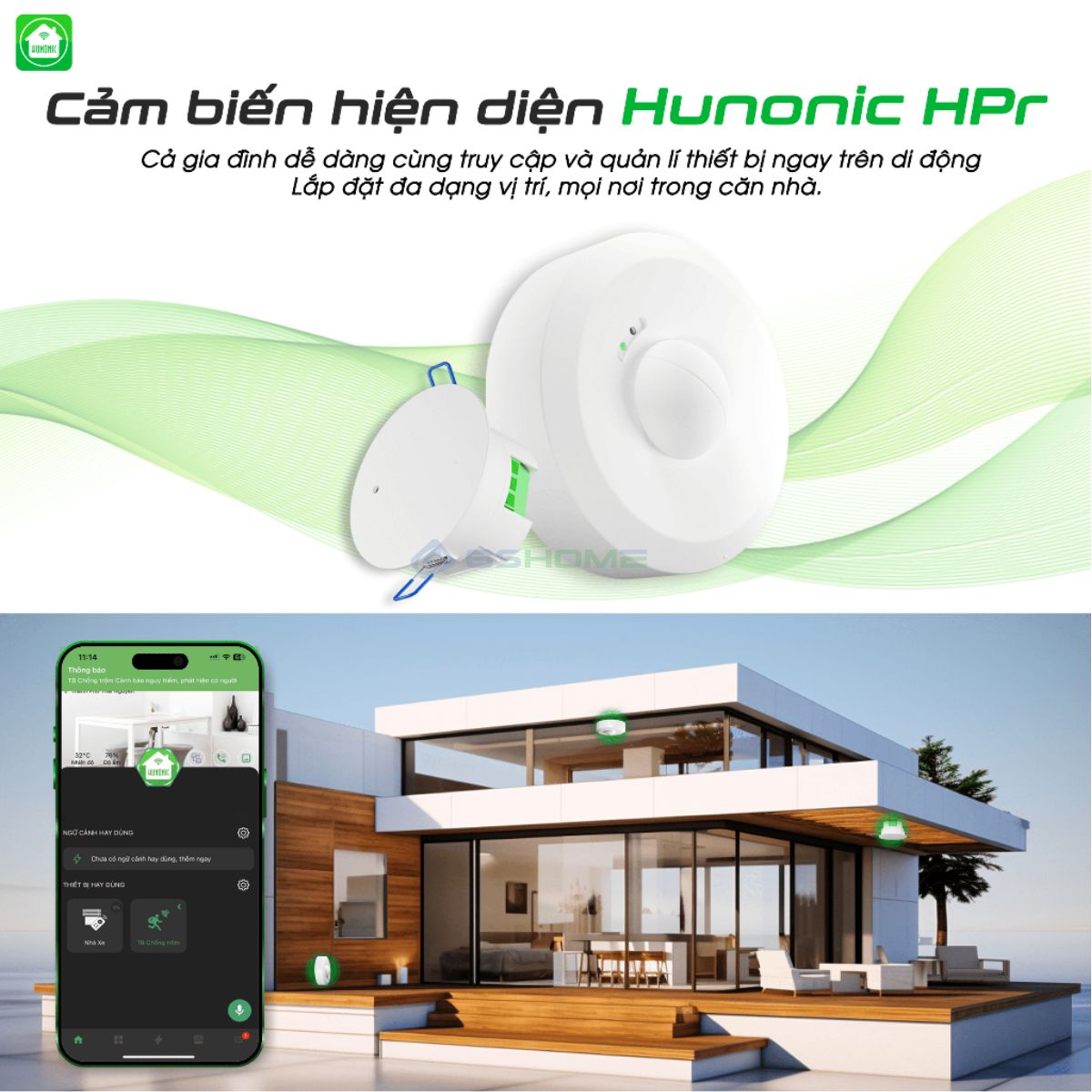 Cảm Biến Hiện Diện Ốp Trần, Âm Trần WiFi Hunonic HPR, Cảm Biến Hơi Thở, Phát Hiện Chính Xác Người, Bật Tắt Đèn Tự Động