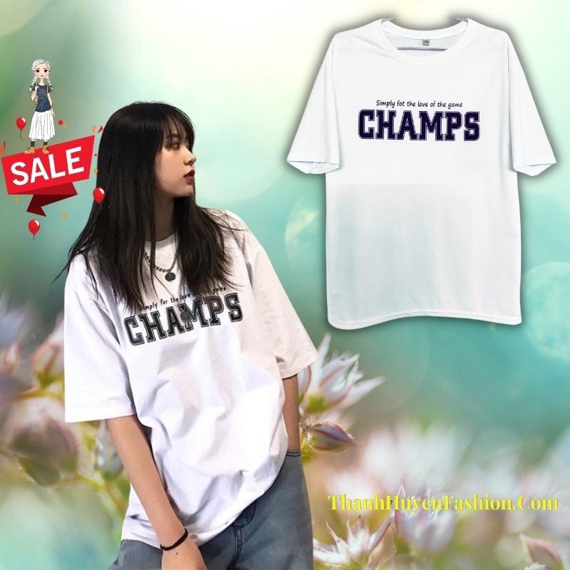 Áo thun tay lỡ nam nữ, áo phông Unisex form rộng chất vải cotton mát mịn thấm hút mồ hôi in hình CHAMPs