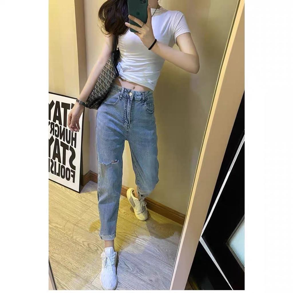 Quần jean dài phom Baggy / boyfriend co dãn mạnh, lưng cao, màu xanh đá hottrend