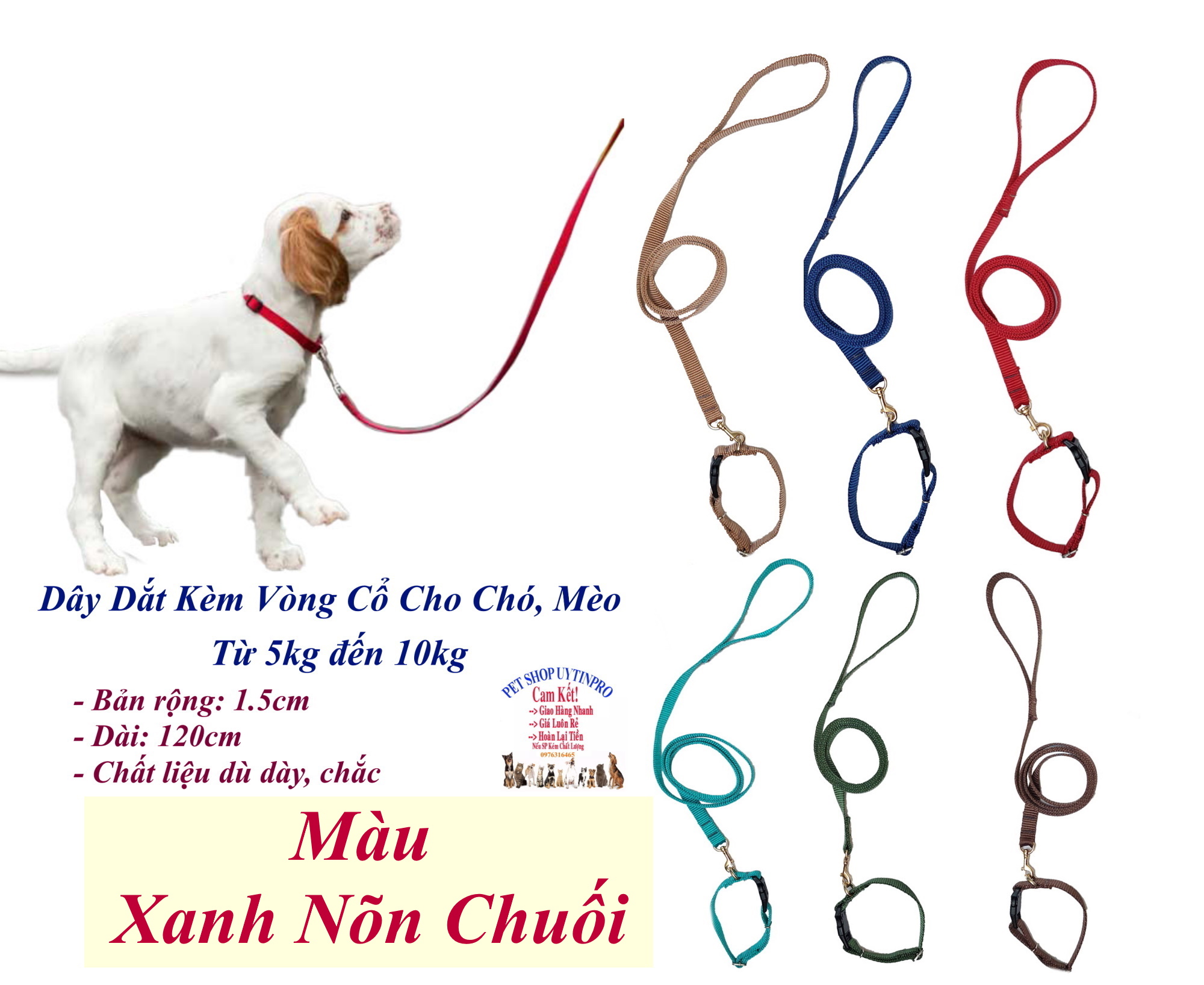 Dây dắt kèm vòng cổ cho Chó Mèo từ 5kg đến 10kg Bản rộng 1.5cm Không in hình Chất liệu dù dày, Bền, Chắc, Cao cấp