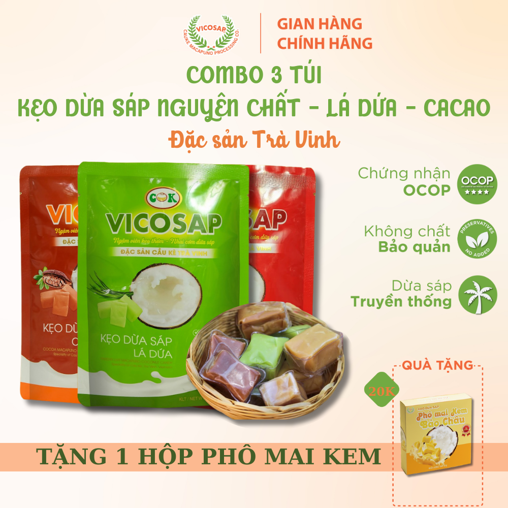 Combo 3 Kẹo dừa sáp VICOSAP vị cacao lá dứa kẹo mềm dẻo ít đường đặc sản Trà Vinh túi 100g
