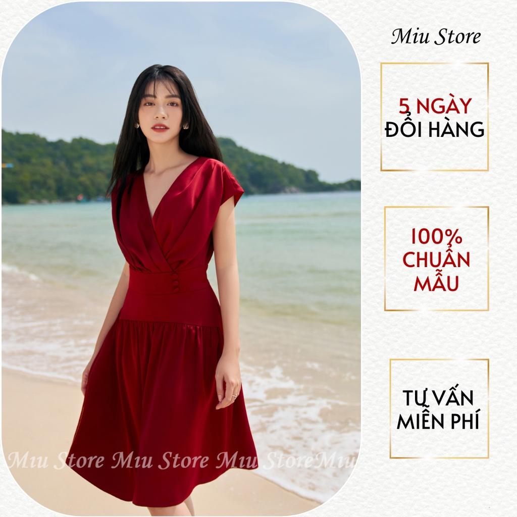 D00574 - Đầm thiết kế cao cấp lụa đỏ tay chờm Miu Store