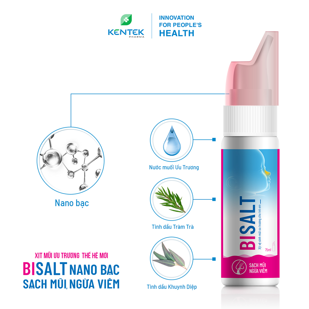 Xịt vệ sinh mũi ưu trương, dưỡng xoang dành cho trẻ em BISALT NANO BẠC | Kentek Pharma | Chai 75ml