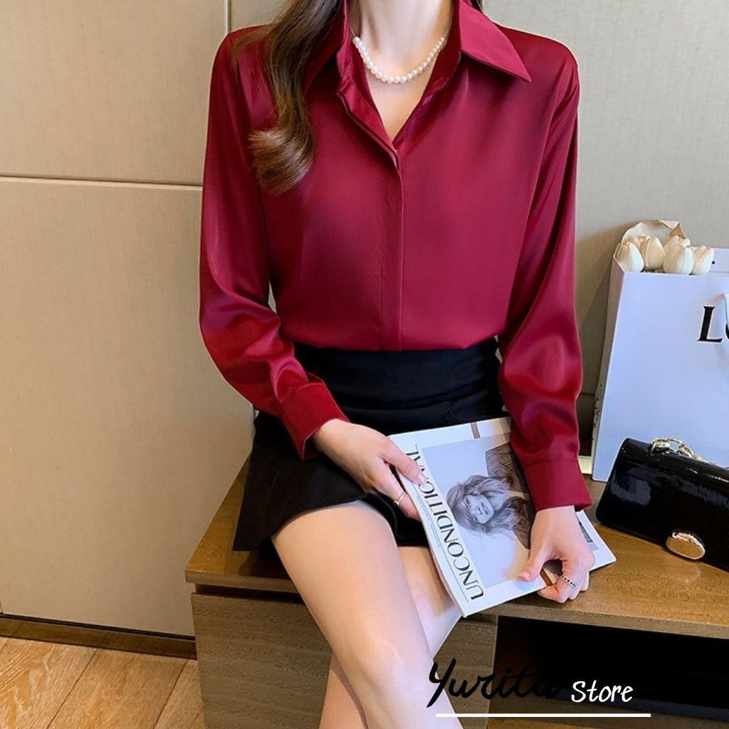Áo Sơ Mi Nữ Công Sở Màu Đỏ Đô Cổ ĐứcYURITA Kiểu Hàn Quốc Vintage Ulzzang Form Rộng Dài Tay Đẹp Chất Lụa Cao Cấp A2D