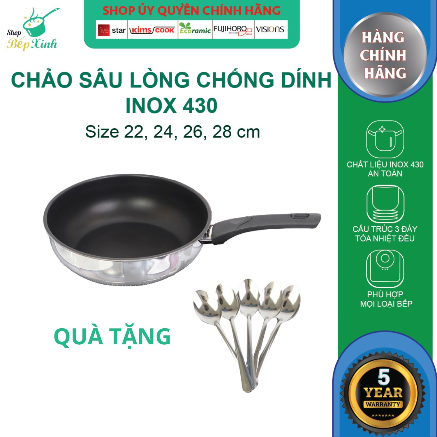 Chảo inox chống dính sâu lòng cao cấp Fivestar 24cm / 26cm / 28cm tặng 5 muỗng ăn , tay cầm cách nhiệt