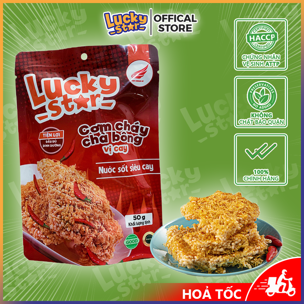 Cơm cháy chà bông cay Lucky Star gói 50g nước sốt siêu cay đậm vị đồ ăn vặt dinh dưỡng Việt Nam đảm bảo ATTP