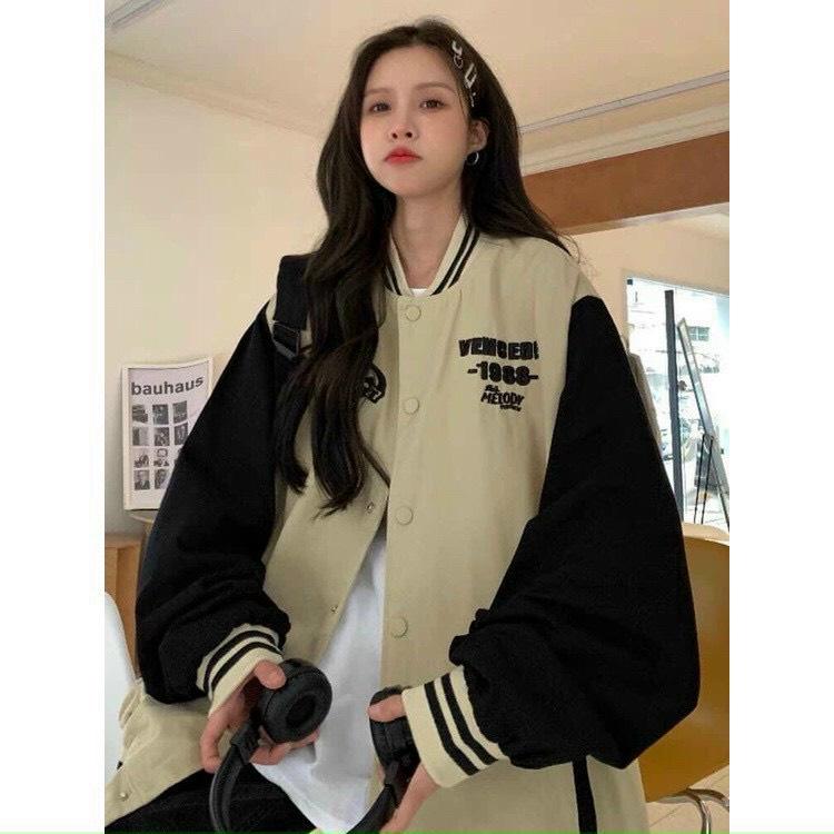 Áo Khoác Bomber Da Lộn 1986 2 Lớp Chữ Thêu Sắc Form Rộng Unisex