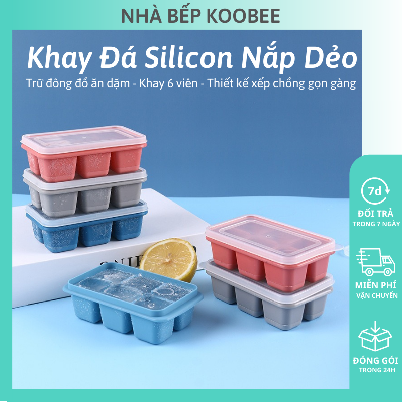Khay đá khay trữ đông ăn dặm, làm thạch rau câu silicon dẻo 6 ngăn có nắp đậy - Bộ chia thức cho bé ăn dặm KooBee