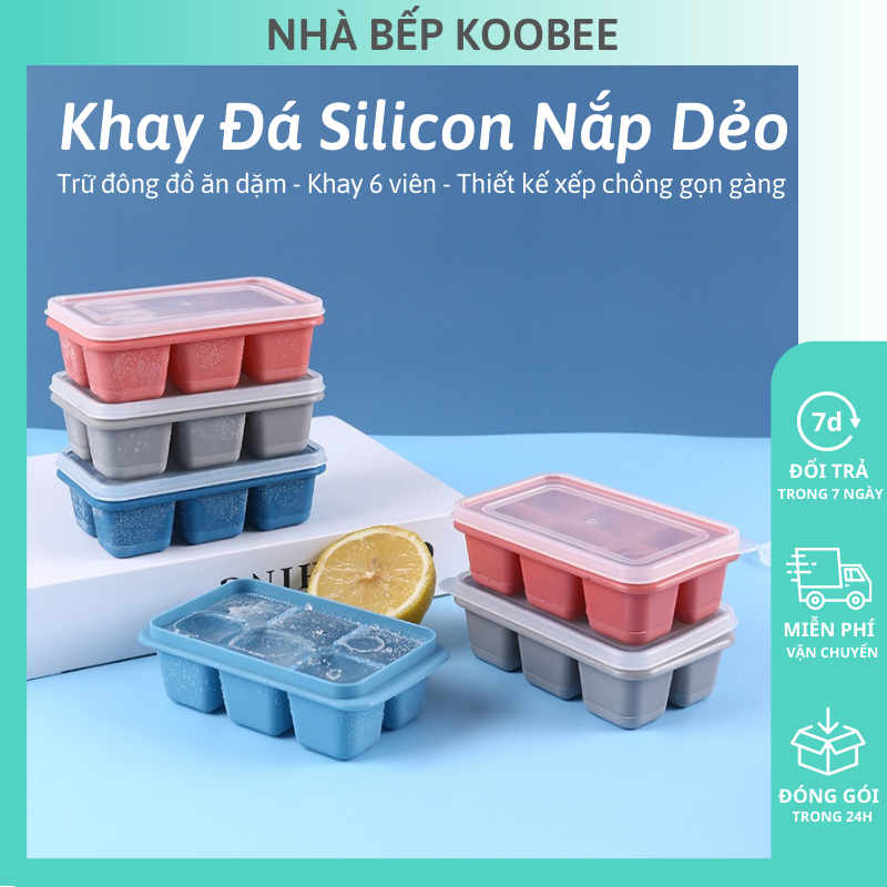 Khay đá khay trữ đông ăn dặm, làm thạch rau câu silicon dẻo 6 ngăn có nắp đậy - Bộ chia thức cho bé ăn dặm KooBee (NB56)