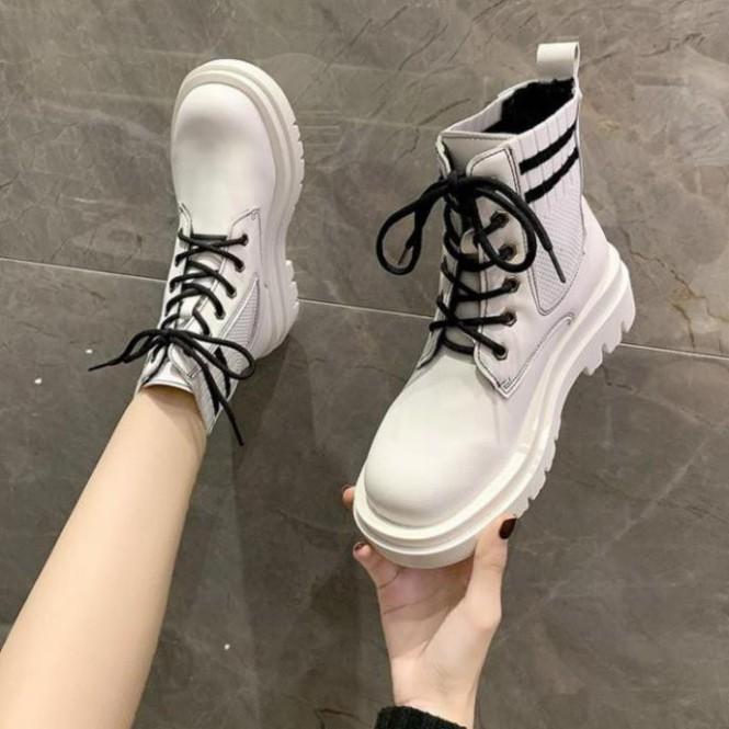 Freeship Giày bốt cổ thấp Martin cho nữ, boots cổ thấp có dây màu đen cổ tròn phối len