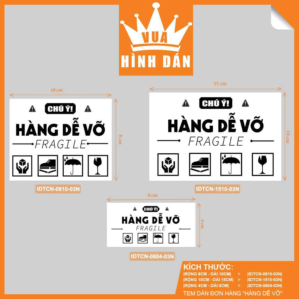 Set 50/100 Tem hàng dễ vỡ dán thùng hàng, kiện hàng (15x10cm, 8x10cm, 8x4cm) - tem sticker dán đơn hàng dành cho shop