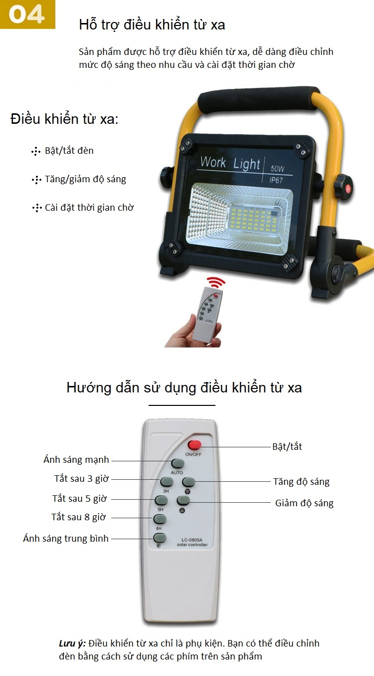 Đèn LED siêu sáng sạc điện có ĐKTX , điều chỉnh xoay 360 độ W726 50W