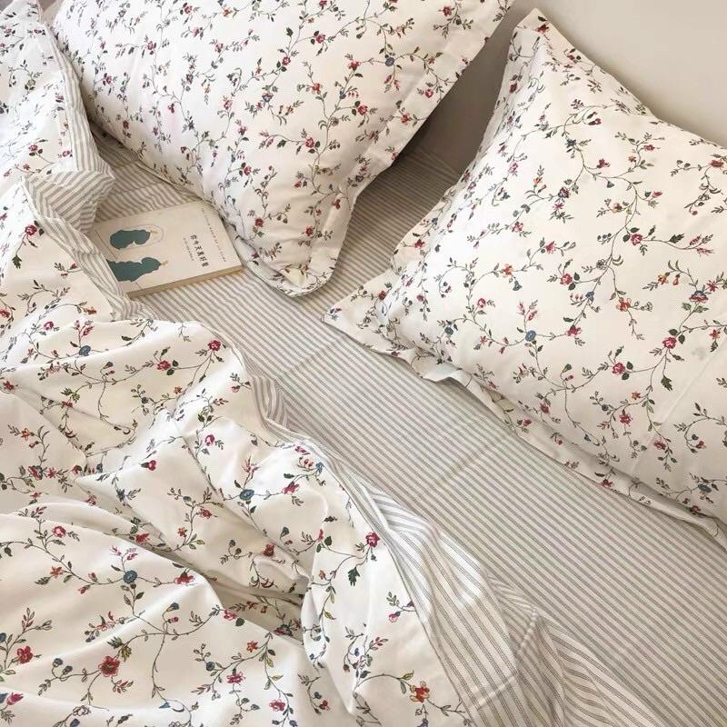 Set Cotton Living 100%cotton Hàng Nhập Khẩu Cao Cấp 4 Món Hoa Vintage Nhí Trắng