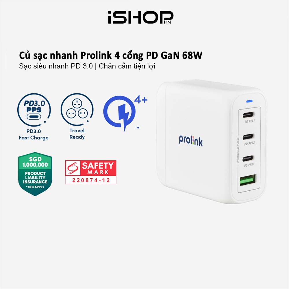 Củ sạc nhanh Prolink GT46801 4 cổng 68W (PD 3.0 & QC4+) công nghệ GAN dành cho Laptop, Tablet, Macbook, iPad, iPhone - Hàng chính hãng