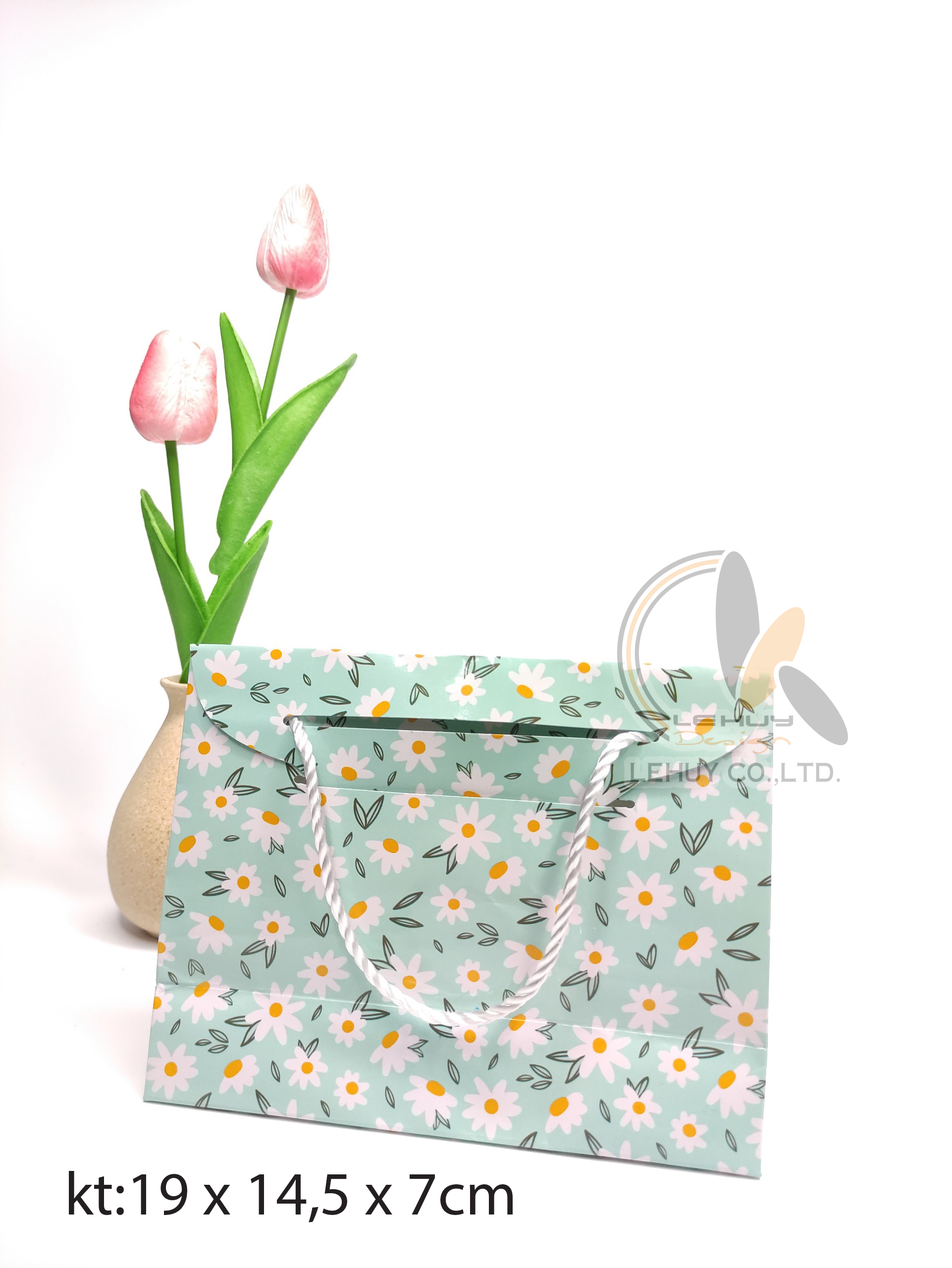TÚI GIẤY ĐẸP HOẠ TIẾT HOA XANH TRẮNG KT 19X14.5X7 CM