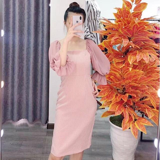 Đầm Suông Dài Hồng Caro Phối