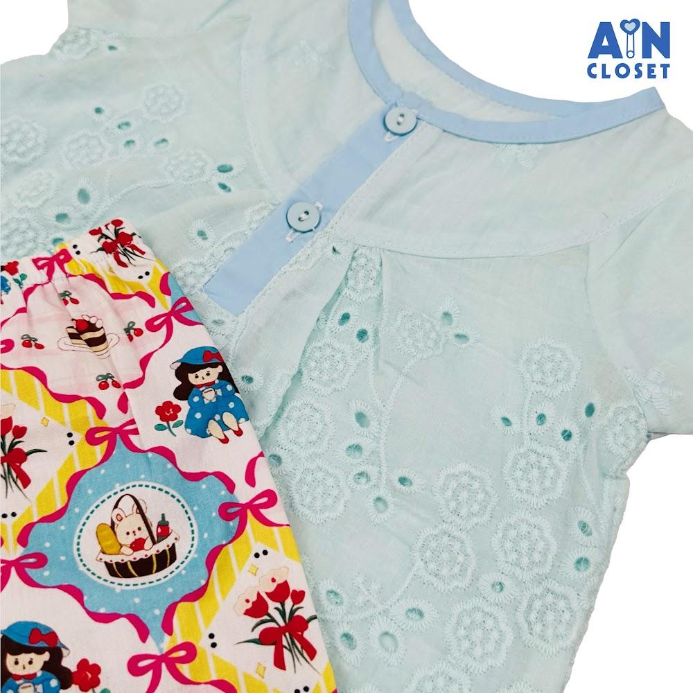 Bộ quần áo Dài tay ngắn bé gái họa tiết Búp Bê Xanh Cotton - AICDBG7LDKJS - AIN Closet