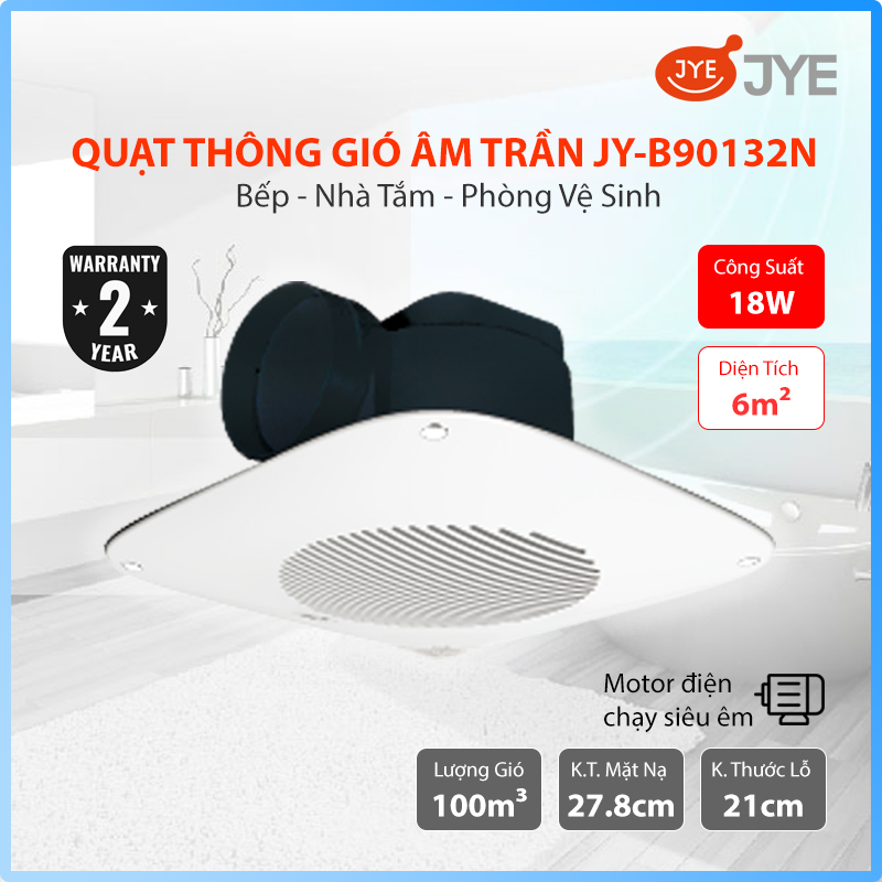 Quạt Hút Thông Gió Gắn Âm Trần JYE (JY-B90132N) Công Suất 18W, Đường Ống Ngang Dùng Cho Nhà Vệ Sinh &amp; Phòng Tắm - Hàng Chính Hãng