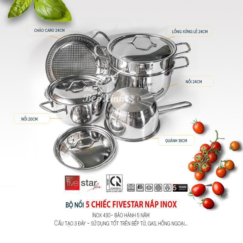 Bộ nồi inox FIVESTAR 5 chiếc 3 đáy bếp từ nắp inox ( tặng 2 vá canh )