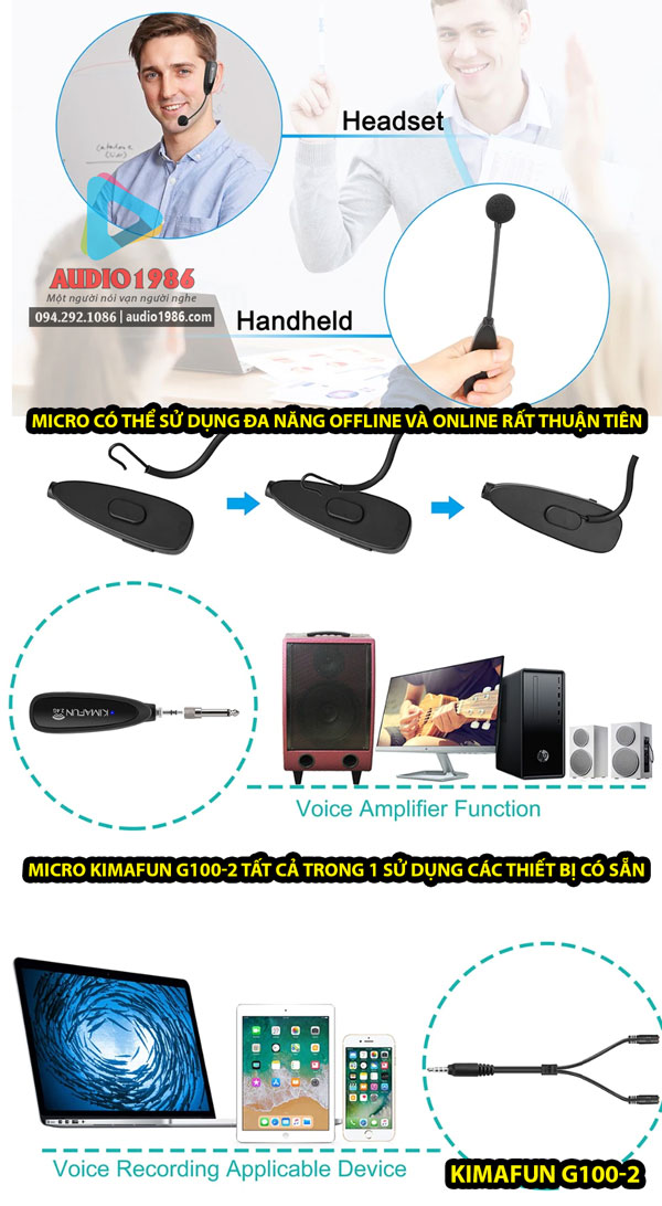 Micro Kimafun G100-2 wireless 2.4G không dây đeo tai, cài ve áo sử dụng đa năng cho loa kéo, amply, mixer, điện thoại, máy tính, laptop