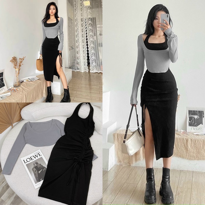SET ÁO CROPTOP TRƠN ÁO THUN TRƠN TAY DÀI CHÂN VÁY DÂY RÚT NGẮN TRƠN ĐEN XẺ ĐÙI DẠO PHỐ DỰ TIỆC GIÁNG SINH NOEL
