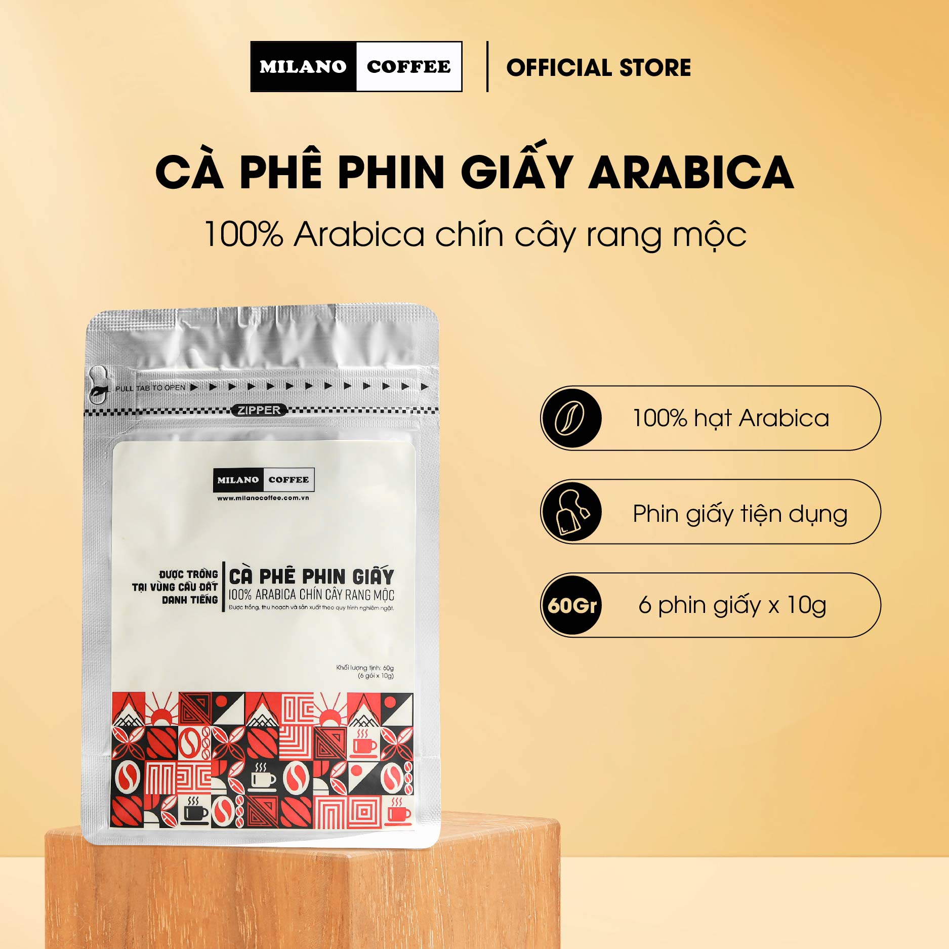 Cà phê phin giấy Arabica chín cây rang mộc Milano Coffee