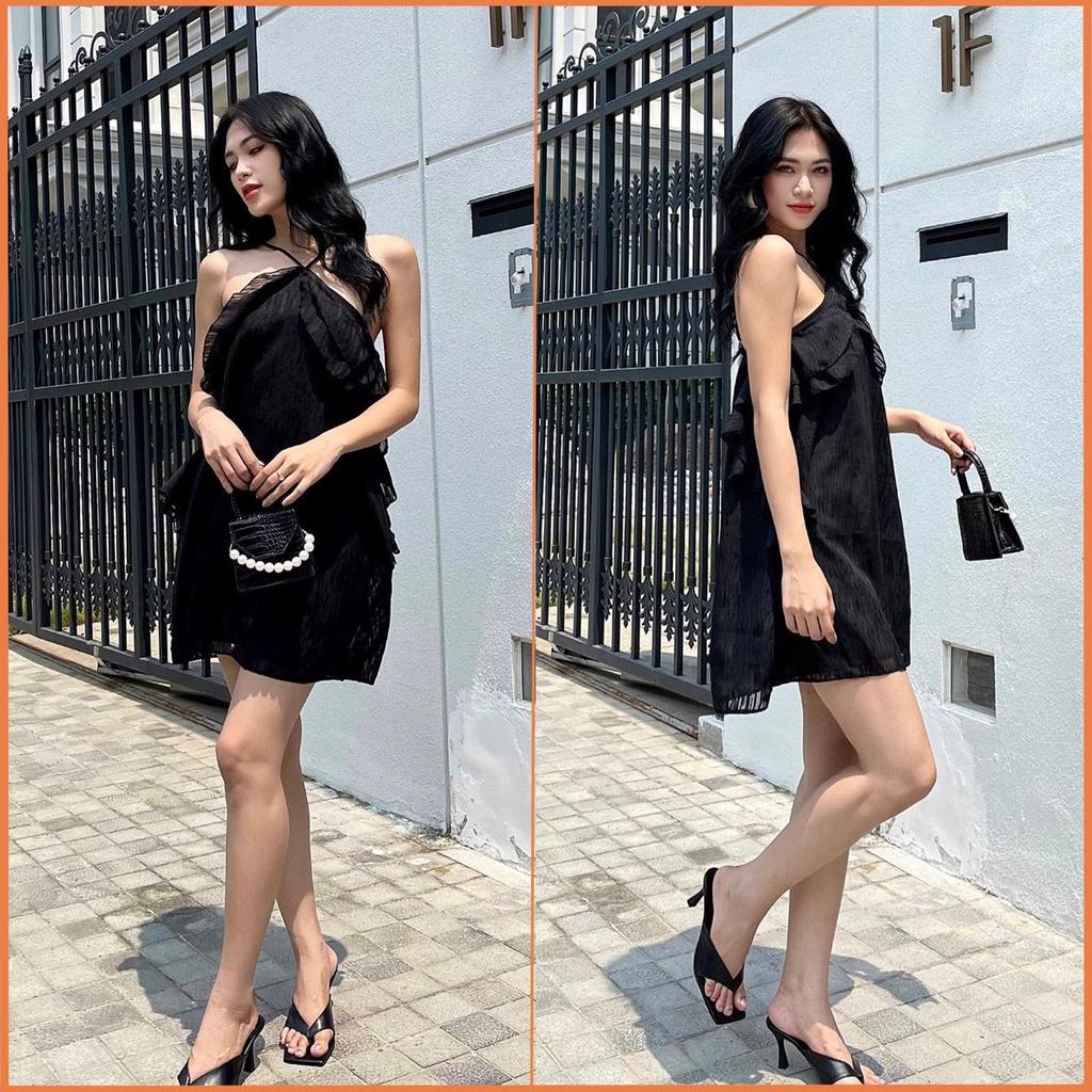Váy cổ yếm nữ hai dây Dáng xòe chất tơ họa tiết V-VHD2