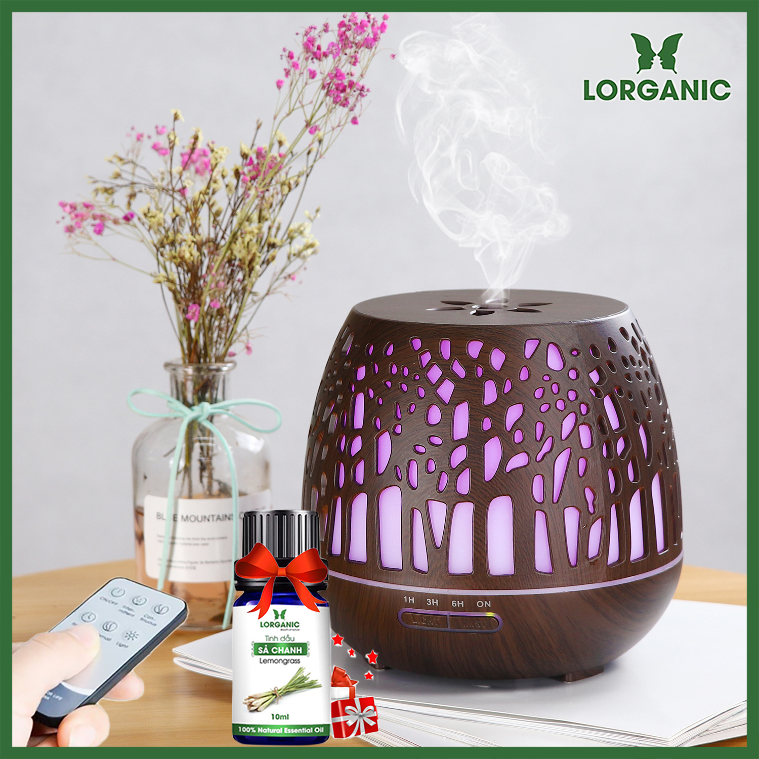 Combo máy khuếch tán/ máy xông tinh dầu Lorganic Lồng Đèn Cây FX2074 + tinh dầu sả chanh Lorganic 10ml/ Phun sương sóng siêu âm/ Thích hợp xông phòng 15-40m2.