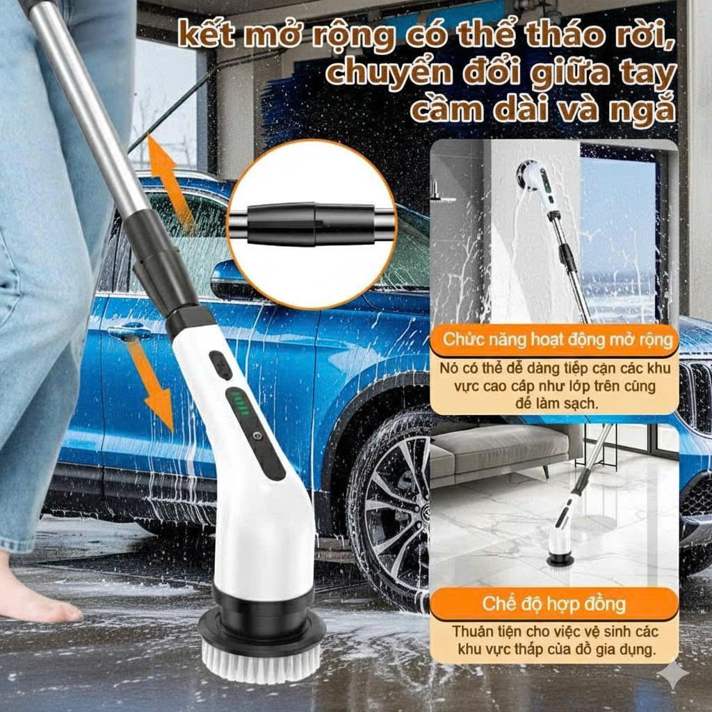 Chổi Điện MX 9in1 Rửa Xe Ô Tô – Cọ Nhà Vệ Sinh, Lau Kính, Bàn Bếp Siêu Sạch