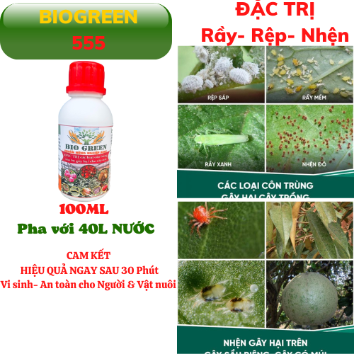 Chế phẩm sinh học trừ sâu rầy, rệp sáp, bọ trĩ, nhện đỏ,bọ cánh cứng.v.v, không độc hại BIOGREEN555 chai 100ml