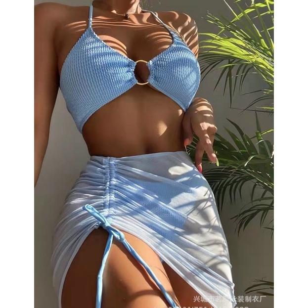 Bikini 3 mảnh kèm chân váy sexy màu xanh biển