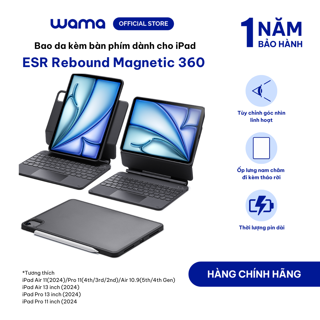 Bao da cho iPad Air/Pro 2024 kèm bàn phím ESR Magnetic Rebound 360 màu đen - Hàng chính hãng