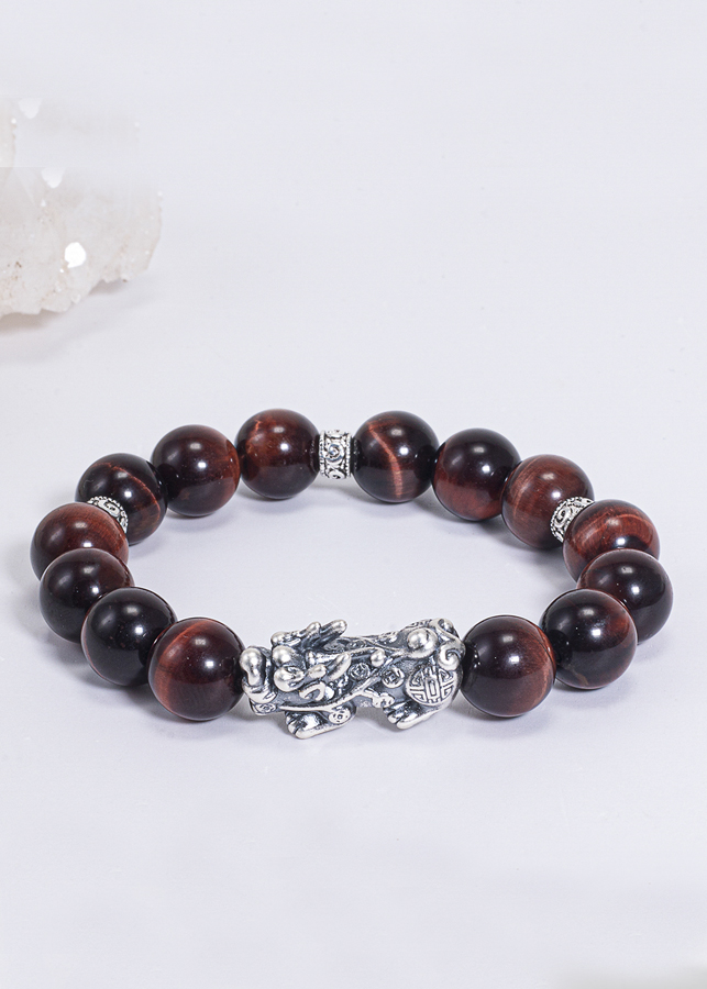 Vòng Tay Phong Thủy Đá Mắt Hổ Nâu Đỏ Phối Charm Tỳ Hưu Bạc Mệnh Hỏa, Thổ Ngọc Quý Gemstones