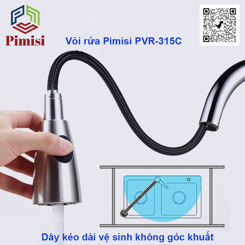 Vòi Rửa Chén Nóng Lạnh Dây Rút Pimisi PVR-315C Inox 304 Mạ Sáng Bóng, Gắn Chậu Rửa Bát 1-2-3 Hố Trong Nhà Bếp Với Đầu Vòi 2 Chế Độ Tăng Áp Nhẹ Và Dây Rút Dài Mềm, Chỉnh Nhiệt Bằng Gật Gù Cho Vòi Rửa Bát Đặt Âm - Dương Bàn Đá | Hàng Chính Hãng