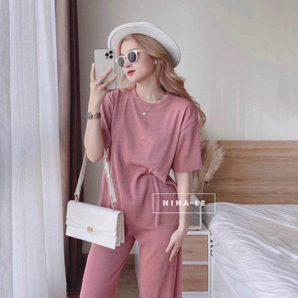 Sét bộ thun gân tay ngắn phối quần dài suông sang chảnh, quý phái dạo phố với nhiều màu sắc