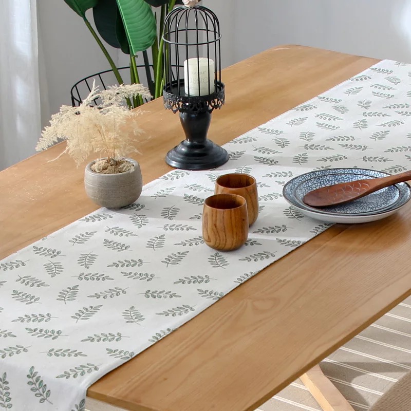 Khăn trải bàn table runner vải bố - Họa tiết Lá xanh - mẫu B04