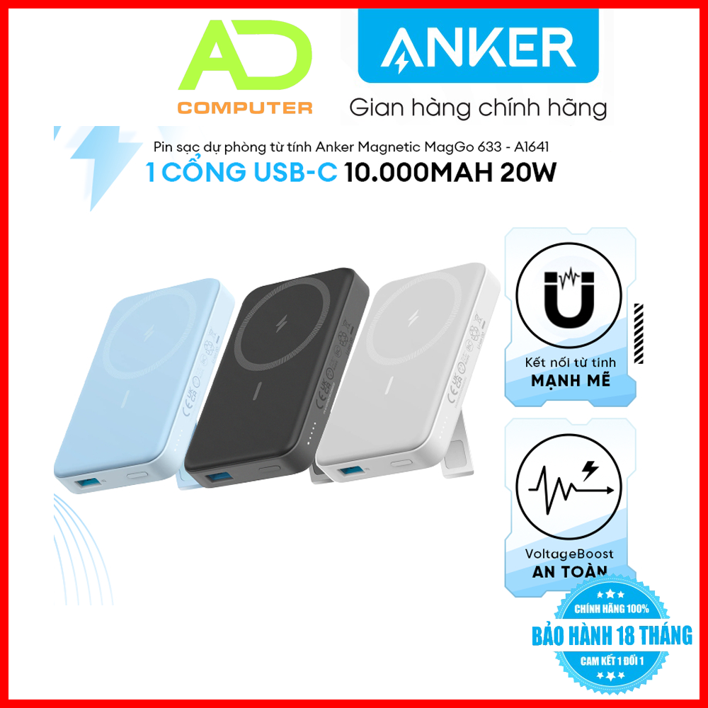 Pin Sạc Dự Phòng Không Dây Từ Tính ANKER 633 Maggo A1641, Pin Từ Tính 10000Mah Và USB-C Dành Cho Iphone 13/12 Series - Hàng Chính Hãng