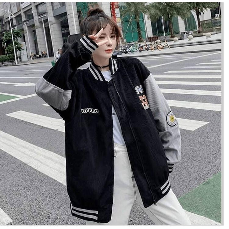 Áo khoác nhung nam nữ màu đen tay phối màu kiểu bomber logo 33 thêu 2 mặt hoạ tiết chữ hiện đại thoáng mát