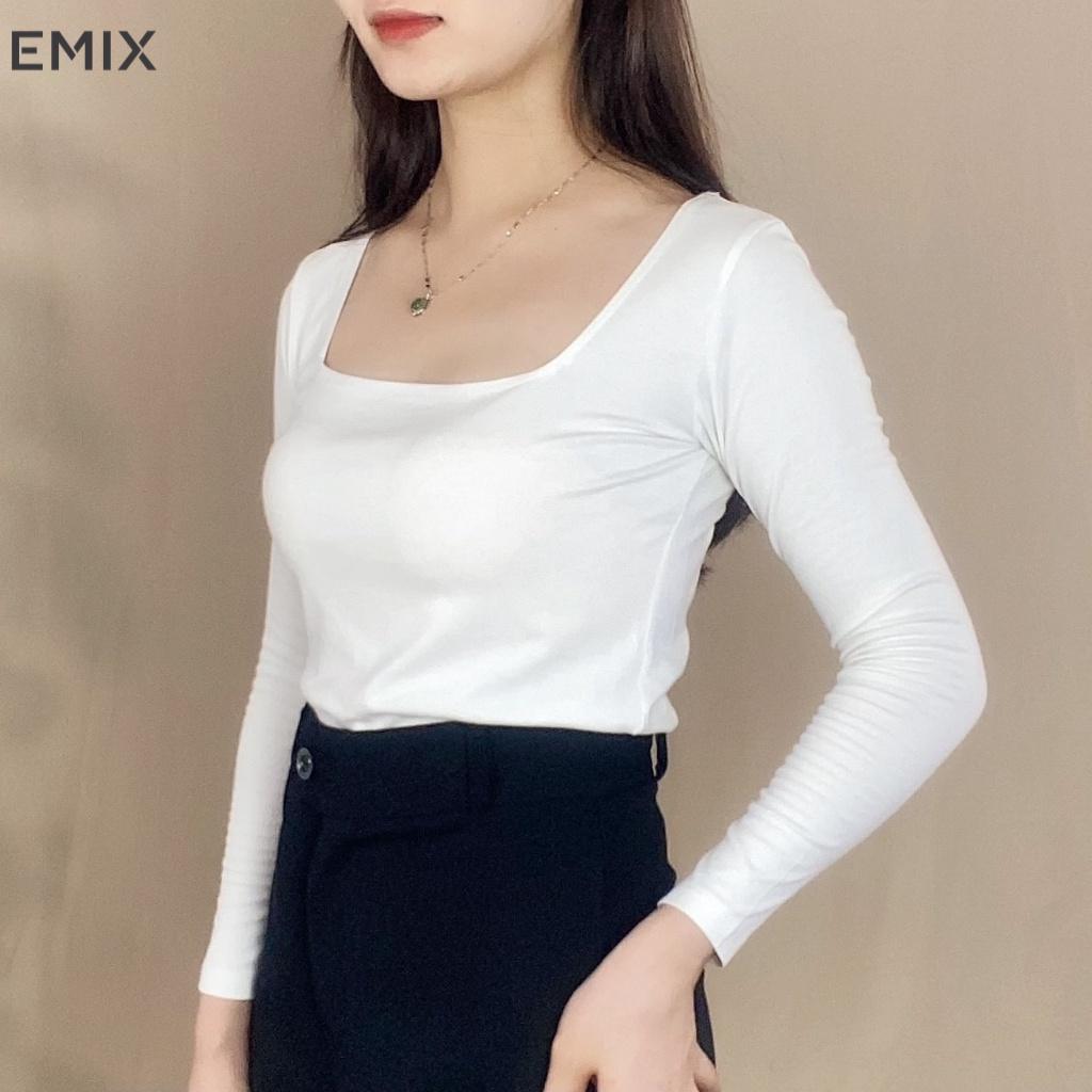 Áo nữ kiểu croptop EMIX (2 màu), dài tay, cổ vuông, tôn eo, thun len tăm co giãn 4 chiều, mềm mại, dày dặn, không lộ